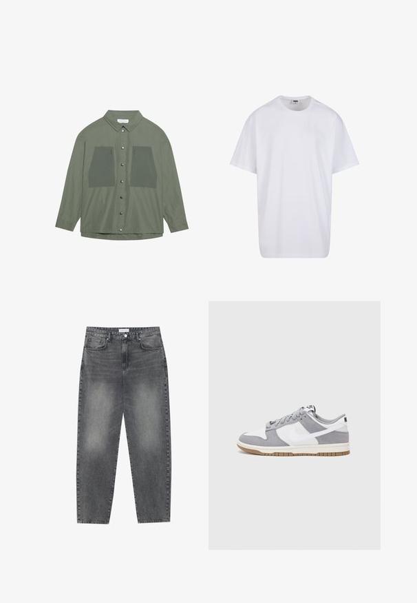 Camicia verde oliva con bottoni, realizzata in tessuto leggero, dotata di due ampie tasche sul petto e bottoni a pressione argentati, maniche lunghe e colletto classico.; Maglietta bianca in cotone con maniche corte, scollatura rotonda, vestibilità comoda e senza loghi o motivi visibili. Texture liscia e design minimale.; Jeans a vita alta, dal taglio ampio in denim nero sbiadito. Presentano cinque tasche, passanti per cintura e un design dritto e pulito.; Sneaker grigia e bianca con tomaia in suede e pelle, punta arrotondata, lacci piatti e soletta in gomma con un accento color caramello.