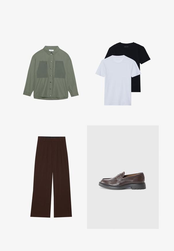 Olivgrön skjorta med knappar i lätt material, med två stora bröstfickor och silverfärgade tryckknappar, långa ärmar och klassisk krage.; Två kortärmade t-shirts med rund halsringning, en svart och en vit, tillverkade av mjukt bomullsmaterial med ribbat mönster. Klassisk passform.; Bruna vida byxor med veck. Tillverkade av ett mjukt tyg, med skräddarsydd midja och sidofickor. Slät fåll längst ner.; Bruna läderloafers med en slät yta, rund tå, minimal sömnad och en tjock svart gummisula. Inga synliga beslag eller detaljer.