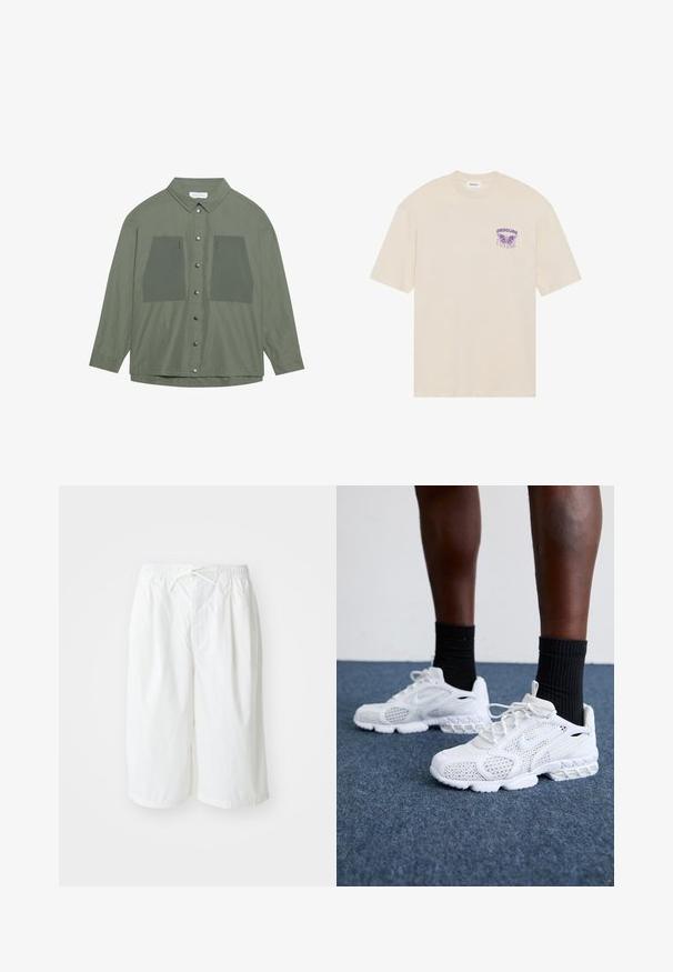 Camisa abotoada verde-oliva feita de tecido leve, com dois grandes bolsos no peito e botões de pressão prateados, mangas longas e colarinho clássico.; T-shirt de algodão bege com um gráfico de borboleta roxa e a palavra "OBSCURE" na parte esquerda do peito, mangas curtas e decote redondo.; Calções brancos com cintura elástica e cordão, apresentados sobre um fundo claro e liso. Adequados para usar de forma casual ou em climas quentes.; Tênis atléticos brancos com parte superior em malha, detalhes texturizados e sola acolchoada. Combinados com meias cano alto pretas com nervuras sobre uma superfície de carpete azul.