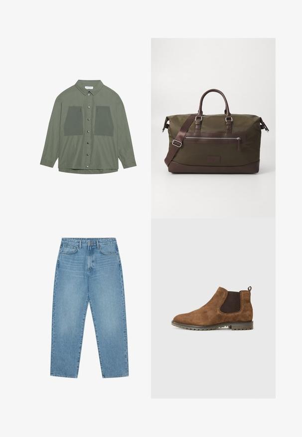 Olivgrünes Hemd mit Knopfverschluss aus leichtem Stoff, ausgestattet mit zwei großen Brusttaschen und silbernen Druckknöpfen, langen Ärmeln und einem klassischen Kragen.; Hellblaue Jeans im weit geschnittenen Stil mit hoher Taille, ausgestattet mit fünf Taschen, Gürtelschlaufen und einer weichen, leicht verblassten Textur.; Braune Wildleder-Chelsea-Boots mit elastischen Seitenpaneelen, einer Zugschlaufe und einer strukturierten Gummisohle mit Rillen für besseren Halt.; Canvas-Duffel-Tasche in Olivgrün mit braunen Lederakzenten, ausgestattet mit zwei Griffen, einem abnehmbaren Schultergurt und einer Vorderreißverschlusstasche.
