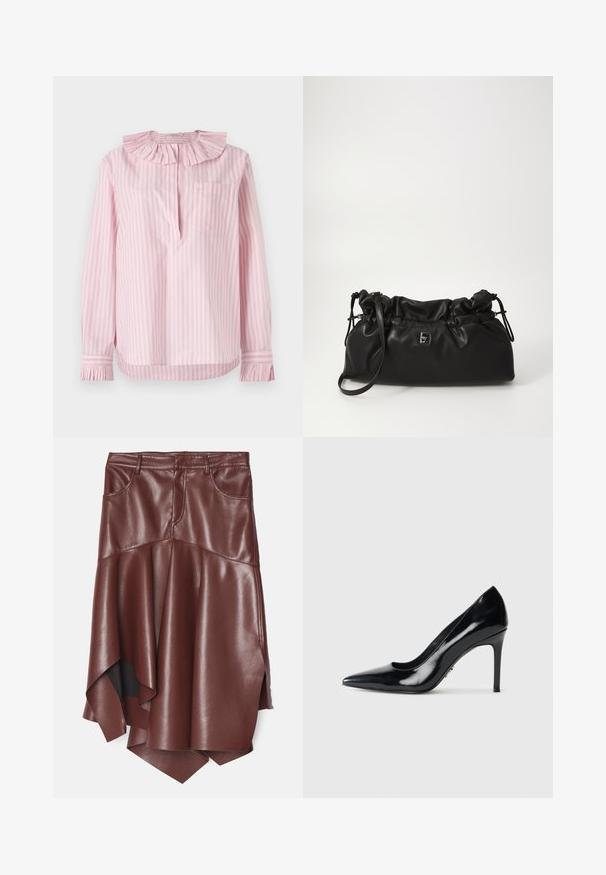 Camicia a righe rosa chiaro con collare e polsini arricciati, tasca singola sul lato sinistro, realizzata in morbido tessuto di cotone.; Gonna in ecopelle marrone con orlo asimmetrico e svasato, dotata di due tasche frontali e una texture liscia e lucida.; Décolleté nera in pelle verniciata con punta affilata e sottile tacco a stiletto su sfondo bianco semplice.; Borsa a sacca in pelle nera con texture morbida, forma arrotondata e tracolla regolabile. Presenta un piccolo logo metallico sulla parte anteriore.