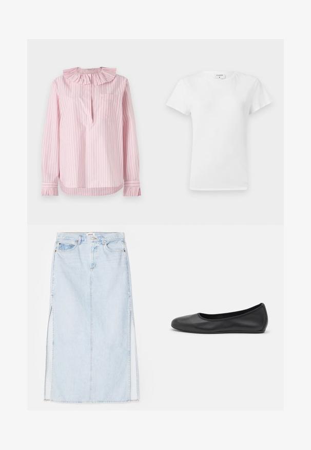 Svijetlo ružičasta prugasta košulja s volanima na ovratniku i manžetama, jedan džep na lijevoj strani, izrađena od mekog pamučnog materijala.; Bijela pamučna majica s okruglim izrezom i kratkim rukavima, s opuštenim krojem i minimalističkim dizajnom. Oznaka vidljiva na vratu.; Svijetloplava traper maxi suknja ravnog kroja, sa bočnim izrezima i dizajnom sa pet džepova. Istaknuto šivanje i metalno zatvaranje s dugmetom.; Crne kožne baletanke s zaobljenim vrhom, glatke teksture, minimalnim detaljima šavova i fleksibilnim dizajnom potplata.