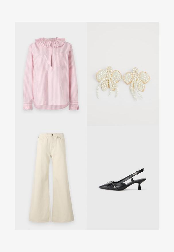 Chemise rayée rose clair avec un col et des poignets volants, une poche unique sur le côté gauche, fabriquée en coton doux.; Jeans évasés beige clair en coton. Dotés d'une taille haute, de cinq poches et d'une fermeture à bouton avec des détails de couture contrastés.; Chaussure slingback en cuir noir avec un bout pointu, des sangles décoratives avec œillets en métal et un petit talon carré. Surface texturée.; Boucles d'oreilles en fleurs de perles avec des accents dorés. Chaque pétale présente de petites perles rondes disposées dans un motif floral, avec des détails de perles trailing.