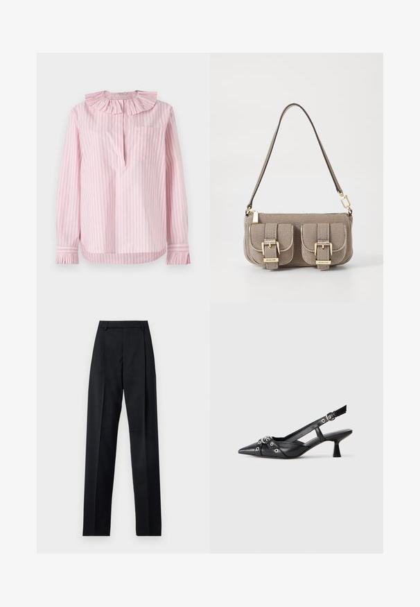 Heledad roosa triibuline särk, millel on volangiga kaelus ja varrukad, ühekordne tasku vasakul küljel, valmistatud pehmest puuvillakangast.; Mustad püksid siledast kangast, millel on kõrge vöökoht, laiad jalad, esimesed kortsud ja klassikalised vööloopid. Küljepockets pole nähtavad.; Must must have must toote tõmblukuga, dekoratiivsed rihmad metallist silmadega ja madal blokk-kand. Tekstureeritud pind.; Beez tekstuuriga käekott reguleeritava rihmaga, kahe esikoti ja lukuga, mis on kindlustatud pandlatega, ning kuldsete detailidega. Ülemine luku sulgemine.