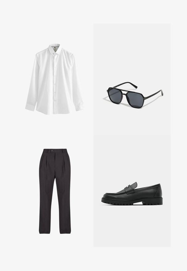 Hvid langærmet skjorte lavet af bomuld, med klassisk krave, front knaplukning og lige afslutning med manchetter ved håndleddene.; Sorte skræddersyede bukser lavet af glat stof, med frontfolder, en enkelt knaplukning og lige ben uden synlige mønstre.; Sorte læder loafers med rund tå, der har et syet design, lav platformssål og en struktureret, skridsikker gummisål.; Sorte solbriller med oktagonal stel, mørke linser, blank overflade, fine stænger og guldaccenter på forsiden.