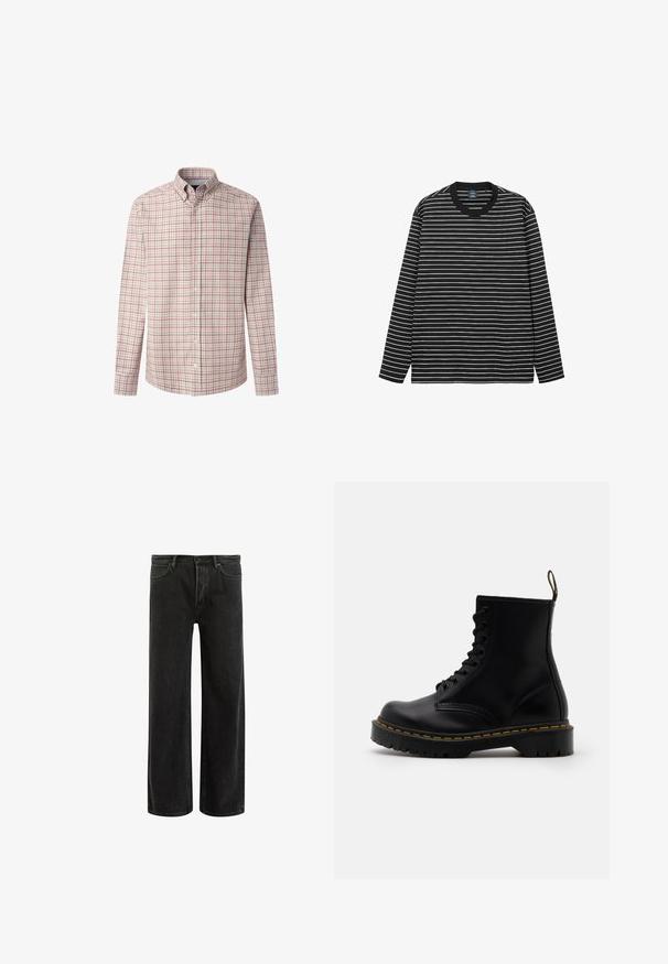 Miesten pitkähihaisessa napilla varustetussa paidassa on vaaleanharmaa kangas, jossa on punaisia ja tummansinisiä ruutuja. Paidassa on klassinen kaulus ja napilliset hihansuut.; Pitkähihainen mustavalkoinen raitapaita, joka on valmistettu pehmeästä puuvillasta. Sisältää pyöreän kauluksen ja erottuvan mustan ribbikauluksen.; Mustat farkut leveällä lahkeella ja korkealla vyötäröllä, joissa on klassinen viisi taskua -design ja hienovarainen haalistuminen tekstuurin luomiseksi.; Mustat nahkaiset nilkkasaappaat, joissa on nauhaketjullinen etuosa, keltainen ympärystikkauksen, pyöreä varvas ja paksu, teksturoitu kumipohja.