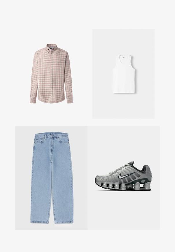 Pánská košile s dlouhým rukávem v světle šedé látce s červeným a námořnickým kostkovaným vzorem. Obsahuje klasický límec a knoflíkové manžety.; Bílý bavlněný top na ramínka s kulatým výstřihem, širokými ramínky a rovním lemem, s hladkou texturou a bez viditelných vzorů.; Světle modré džíny s rovnými nohavicemi, středním pasem, pěti kapsami a zapínáním na knoflík a zip.; Šedá a černá běžecká obuv Nike s viditelným odpružením podobným pružině pod podrážkou a bílým logem swoosh na boku.