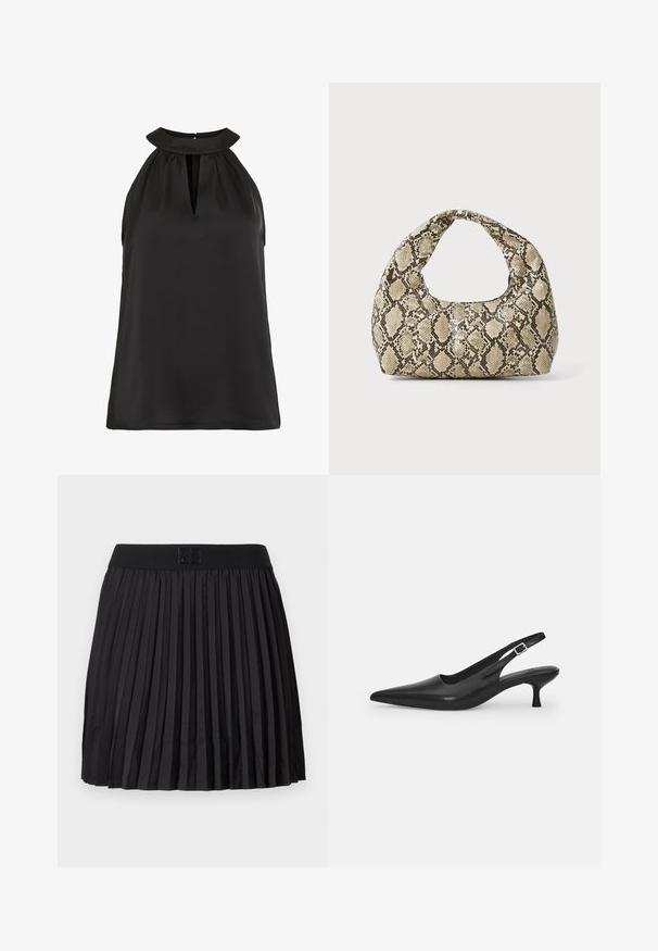 Czarny top bez rękawów z wysokim kołnierzem i klapką w kształcie klucza, wykonany z gładkiej tkaniny, o luźnym kroju i bez widocznych wzorów.; Czarna plisowana spódnica o gładkiej fakturze, z solidnym czarnym pasem w talii i wytłoczonym detalem z logo z przodu.; Czarne skórzane buty typu slingback z wydłużonym noskiem i smukłym, zakrzywionym obcasem. Posiadają dyskretny regulowany pasek z metalową klamrą.; Torebka w wężowy wzór z zakrzywionym uchwytem. Wykonana z teksturowanych, beżowych i brązowych materiałów, z charakterystycznym wzorem w diamenty.