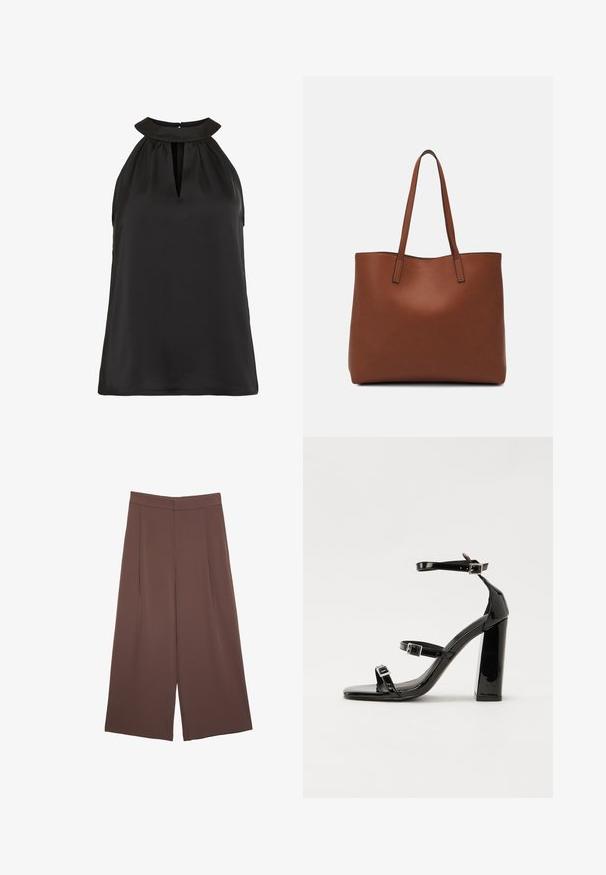 Svart ärmlös topp med hög krage och nyckelhålsspänne, tillverkad av mjukt tyg, med avslappnad passform och utan synliga mönster.; Bruna vida byxor med en slät textur, som har hög midja och framfickor. Tyget är lätt och flödar löst.; Svarta lackerade högklackade sandaler med två spännband, fyrkantig tå och en tjock klack, med en slät och glansig yta.; Brun läder tote-väska med en slät textur, öppen toppdesign och två axelremmar. Har minimal söm och ingen synlig metalldetalj.