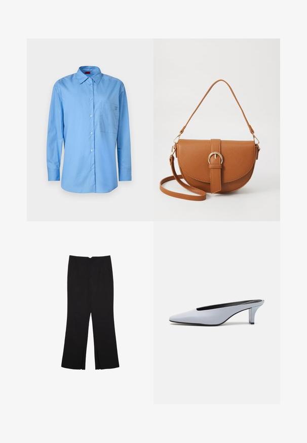 Svetlo modra srajca z dolgimi rokavi iz bombažnega blaga, ki ima klasičen ovratnik in žep na prsih z logotipom.; Črne hlače ravnega kroja z naglavnimi žepi in stranskimi razporki na robu. Narejene iz mehke, gladke tkanine. Primerne za različne priložnosti.; Svetlo modre lakirane mule s poudarjenim nosom, nizkim prozornim petam in elegantnim dizajnom z izrezom na sprednjem delu.; Rjava usnjena torbica prek telesa s ukrivljeno obliko, zlate opreme in sponko. Ima odstranljiv naramni trak.