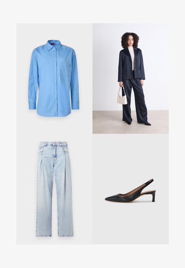 Lichtblauw button-up overhemd van katoen, met een klassieke kraag, lange mouwen en een borstzak met logo-detail.; Lichtblauwe denim jeans met een hoge taille, wijde pijpen, twee zijzakken en geplooid ontwerp. Zachte textuur met een vervaagd uiterlijk.; Zwarte leren slingback pump met een puntige neus, lage hak en een gladde textuur. Beschikt over een dunne verstelbare band voor een veilige pasvorm.; Marineblauw pak met een op maat gemaakt blazer en wijde broekspijpen, gecombineerd met een lichtgekleurde coltrui. Houdt een crèmekleurige handtas vast met een strapdetail.