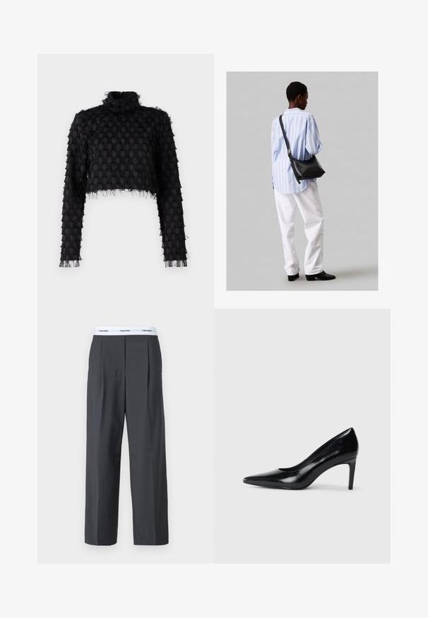 Czarny krótki top z wysokim dekoltem, teksturowym wzorem i długimi rękawami z postrzępionymi detalami na brzegach.; Szare spodnie z szerokimi nogawkami, wykonane z gładkiego materiału, z przodu z fałdami i białym paskiem w talii z logo Calvin Klein.; Czarna skórzana szpilka z ostrym noskiem, gładką fakturą i zwężającym się obcasem. Minimalistyczny design, bez dodatkowych zdobień.; Czarna skórzana torba na ramię o miękkiej fakturze, w kształcie trójkąta, z regulowanym paskiem, połączona z jasnoniebieską koszulą w paski i białymi spodniami.