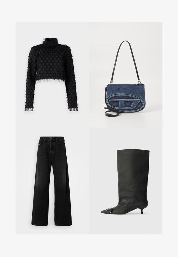 Top corto negro con cuello alto, patrón texturizado y mangas largas que presentan detalles deshilachados en los bordes.; Jeans de denim negro de pierna ancha con cintura alta, que cuentan con un cierre de botón, bolsillos delanteros y una textura desgastada.; Bota de cuero negra hasta el tobillo con punta afilada, tacón pequeño y detalle metálico en la punta. Textura suave y mate en toda la superficie.; Bolso crossbody de denim con una correa de cuero negro, diseño de logo ovalado en la parte delantera y cierre de cremallera en la parte superior. Acabado texturizado.