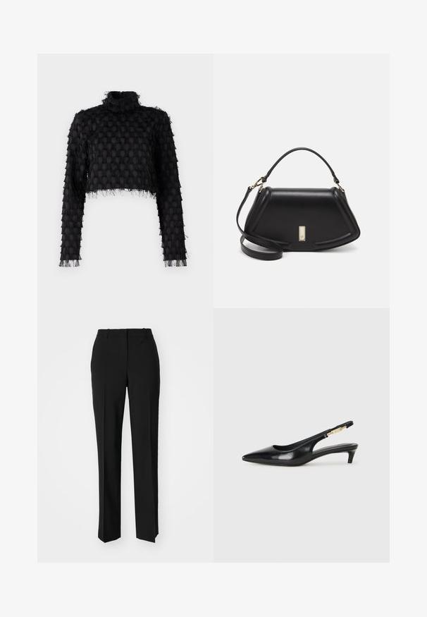 Top cropped nero con collo alto, motivo testurizzato e maniche lunghe con dettagli sfrangiati lungo i bordi.; Pantaloni neri su misura con un design a gamba dritta, caratterizzati da una texture liscia e pieghe ben definite sul davanti. Senza hardware visibile.; Tacchi slingback in pelle nera con punta affusolata, caratterizzati da un tacco alto e un accento dorato sulla cinghia regolabile. Texture liscia.; Borsa a mano in pelle nera con un design strutturato, caratterizzata da una forma corta, manico superiore e accessori in metallo dorato. Inclusa tracolla regolabile.