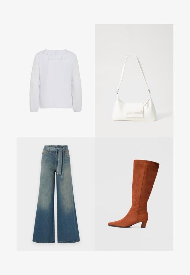 Balta ilga rankovė palaidinė su volantiniu apykakle, lygia tekstūra ir elastingomis rankovėmis. Paprastas, švarus dizainas, tinkamas įvairioms progoms.; Platus džinsinis kelnes su šviesiai tamsiai mėlynu gradientu, aukštu juosmeniu, diržo kilpomis ir atitinkančiu audinio diržu. Textūruotas džinsinis paviršius.; Rudos zomšos aukštakulniai batai iki kelių su smailiu pirštu ir mažu blokiniu kulnu, pasižymintys lygiu paviršiumi ir minimalistišku dizainu.; Balta sintetinė rankinė trikampio formos, plokščiu priekiu su užsegimu, kaspino detale, reguliuojama dirželiu, lygia tekstūra ir minimalistišku dizainu.