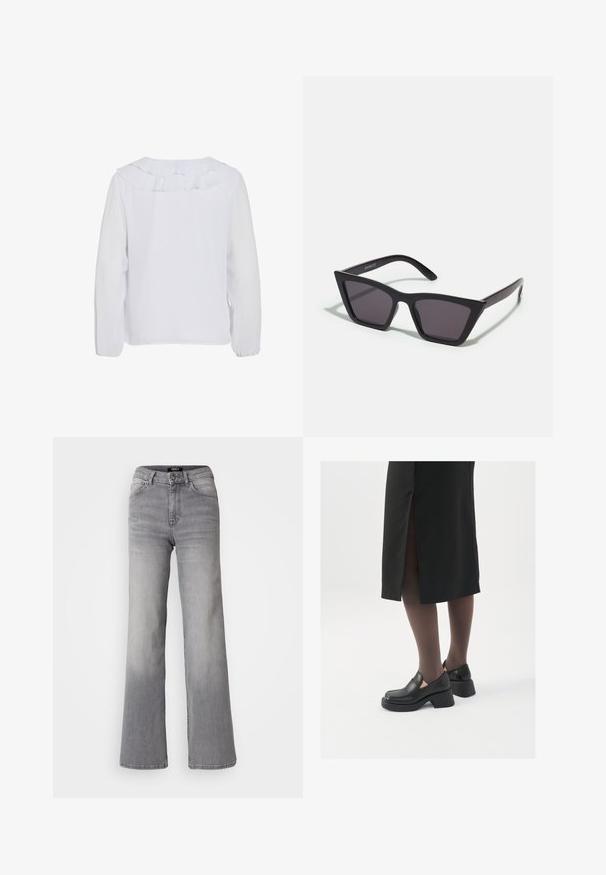 Biela blúzka s dlhým rúchom a volánovým golierom, hladká textúra a gumičkové manžety. Jednoduchý, čistý dizajn vhodný na rôzne príležitosti.; Džínsy z šedej denimu s vysokým pásom a rovnými nohavicami, s predným gombíkom a zipsom, prednými a zadnými vreckami, a vybledlým tieňovaním na stehnách a lýtkach.; Čierne kožené topánky s okrúhlou špičkou, silným blokovým opätkom a elastickými bočnými akcentmi, skombinované s tmavými pančuchami a čiernou sukňou so štiepením.; Čierne, ostré slnečné okuliare so sivými sklami; vyrobené z plastu, majú hrubé ramená s hladkým povrchom a bez viditeľnej mechaniky.