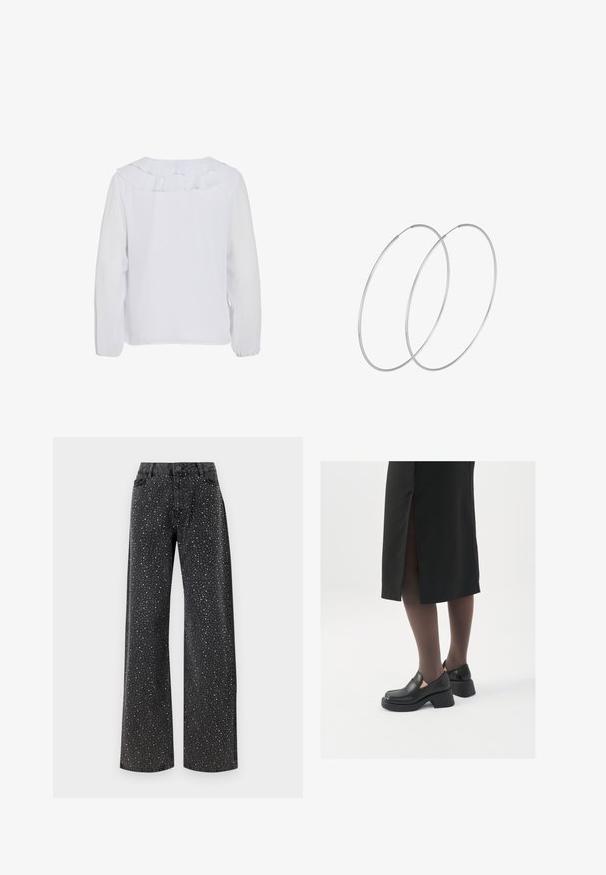 Baltas garais piedurknes blūze ar volānu apkakli, gluda tekstūra un elastīgi aproces. Vienkāršs, tīrs dizains, kas piemērots dažādām situācijām.; Noisy May NMJANNEL LOOSE - Brīva piegriezuma džinsi - black denim; Melni ādas apavi ar noapaļotu purngalu, biezām bloku papēžiem un elastīgiem sānu akcentiem, apvienoti ar tumšām zeķubiksēm un melnu svārku ar šķirbu.; Sudraba gredzenveida auskari ar minimālistisku dizainu. Cirkulāra forma, gluda tekstūra un plāns profils. Vieglu svaru ar spīdīgu apdari.