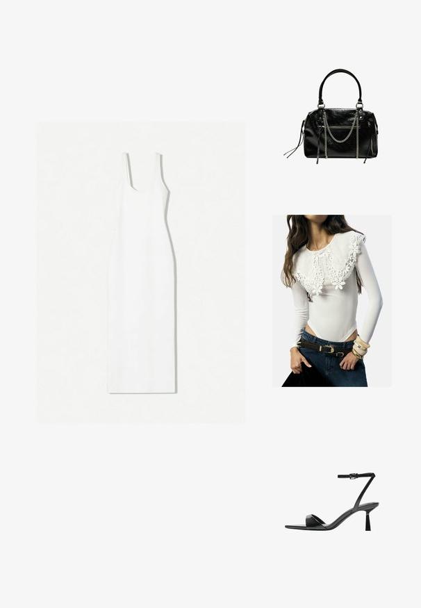 White long-sleeve bodysuit with lace floral detailing on the collar; paired with dark denim jeans and layered bracelets in neutral tones.; White sleeveless dress with a scoop neckline, fitted silhouette, and ankle-length hem. Made of smooth fabric with a minimalist design.; Bershka High heeled sandals - black; Bershka WITH CHAIN - Handbag - black