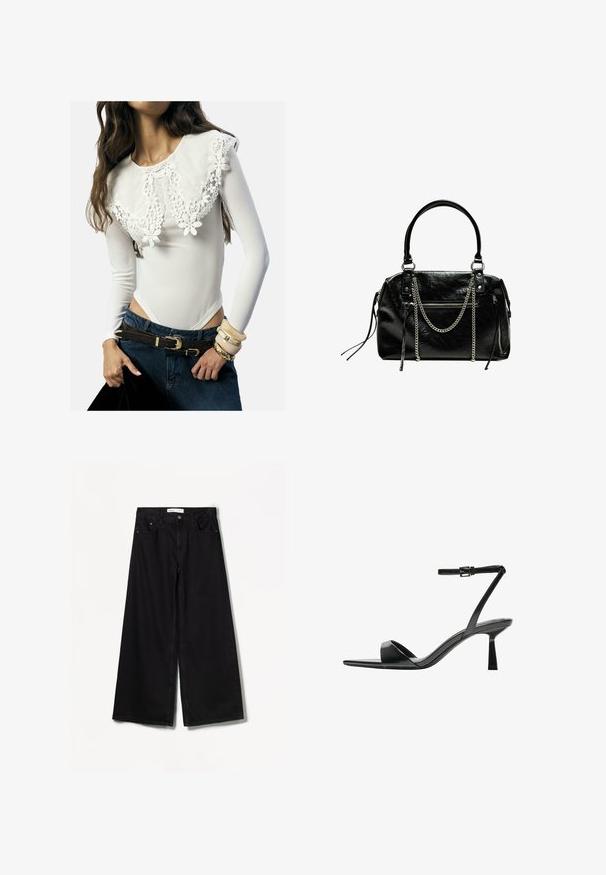 Body bianco a maniche lunghe con dettagli in pizzo floreale sul colletto; abbinato a jeans in denim scuro e braccialetti sovrapposti in tonalità neutre.; Bershka WIDE-LEG - Wide Leg - black; Bershka Sandali con tacco - black; Bershka WITH CHAIN - Borsa a mano - black