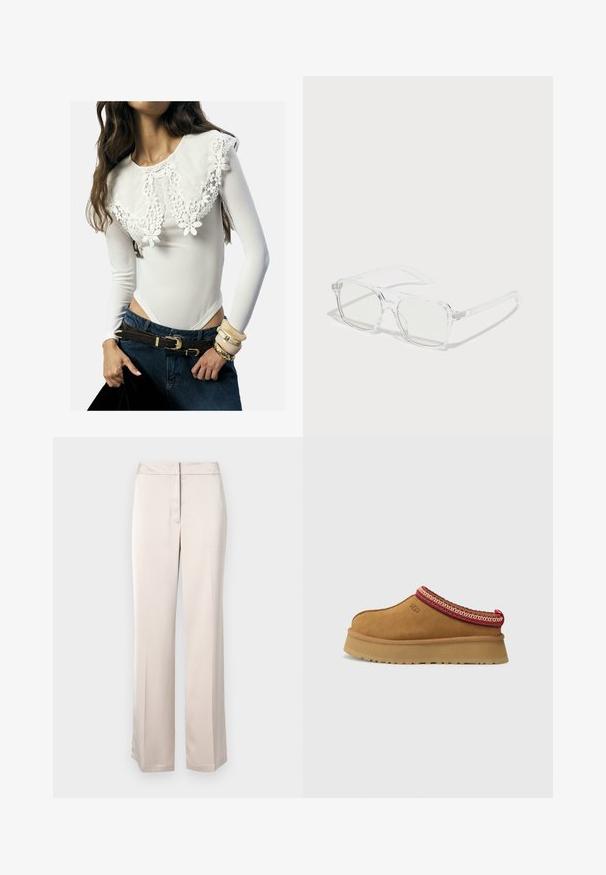 Witte lange mouwen bodysuit met kant bloemen details op de kraag; gecombineerd met donkerdenim jeans en gelaagde armbanden in neutrale tinten.; Beige wijde broek gemaakt van een gladde stof met een strakke silhouet, met een platte voorkant en een discrete taillebandsluiting.; Bruine suède instapschoen met een rood en crèmekleurig patroon aan de rand, een gestructureerde zool en het UGG-logo aan de zijkant. Heeft een lichte platformhoogte.; Duidelijke rechthoekige zonnebril met doorzichtige monturen, lichtgroene lenzen en subtiele details op de veren. Lichtgewicht ontwerp, modern model.; Zwarte leren clutch met een gestructureerd oppervlak, kettingband en gestifte details langs de onderkant. Rechthoekige vorm met een ritscompartiment.