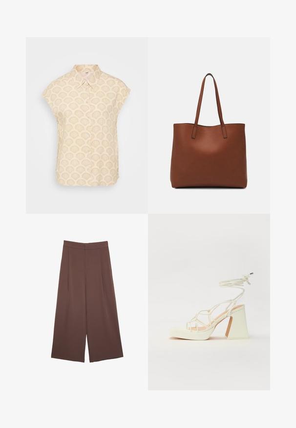 Camicia beige chiara con motivo a conchiglia, maniche corte, colletto e chiusura con bottoni. Realizzata in un tessuto morbido e strutturato.; Pantaloni ampi marroni con una texture liscia, caratterizzati da una vita alta e pieghe frontali. Il tessuto è leggero e scorre liberamente.; Sandalo bianco con tacco alto, caratterizzato da un design a cinturini e un legaccio alla caviglia. Texture liscia con una piattaforma frontale per un'altezza aggiuntiva.; Borsa tote in pelle marrone con texture liscia, design con apertura superiore e due spallacci. Presenta cuciture minime e nessun hardware visibile.