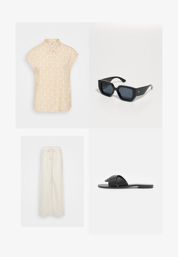 Camisa de cor bege clara com padrão de conchas, mangas curtas, colarinho e fecho de botões. Feita de um tecido suave e texturizado.; Calças largas de cor creme, feitas de um tecido suave, com um cós elástico e cordão. Apresenta dois bolsos laterais.; Sandal de slip-on preta com tiras cruzadas. Feita de couro liso com sola plana e costura mínima. Design simples e de dedo aberto.; Óculos de sol oversized pretos com um design geométrico, lentes retangulares e acabamento brilhante. Sem marca visível na parte da frente.
