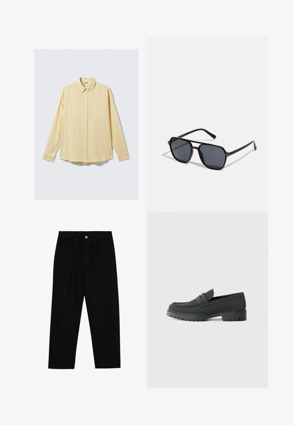 Srajca z dolgimi rokavi in gumbom v mehki rumeni tkanini, ki ima teksturirano površino, ovratnik in en sam žep na levi strani prsnega dela.; Črne denim hlače z ravnim krojem, petimi žepi in sprednjim gumbom. Gladka tekstura z minimalnimi šivi.; Črne loafer čevlje z gladkim mat zaključkom, z zaobljenim nosom in debelim, teksturiranim podplatom. Poudarjeni s sprednjim trakom.; Črne sončne naočniki z oktagonalnim okvirjem, temnimi lečami, sijočo površino, tankimi nogicami in zlatimi detajli spredaj.