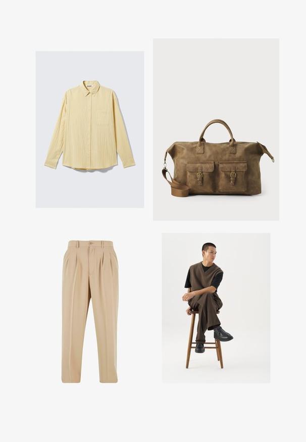 Pikendusega nööbiga särk pehmes kollases kangas, millel on tekstuurne viimistlus, krae ja üks vasakpoolne rinna-tasku.; Beežid plisseeritud püksid otse lõikega, valmistatud siledast kangast, nööbikinnituse ja vööde hoidmisaukudega vööl.; Pruun kudumvest musta T-särgi peal, kombinatsioonis pruunide laia säärega pükstega ja mustade massiivsete kingadega, istub puidust taburetil.; Pruun nahast nädalakott, millel on kaks esikotti, reguleeritav õlarihm, kuldne riistvara ja tugevad ülemised käepidemed. Sile tekstuur.