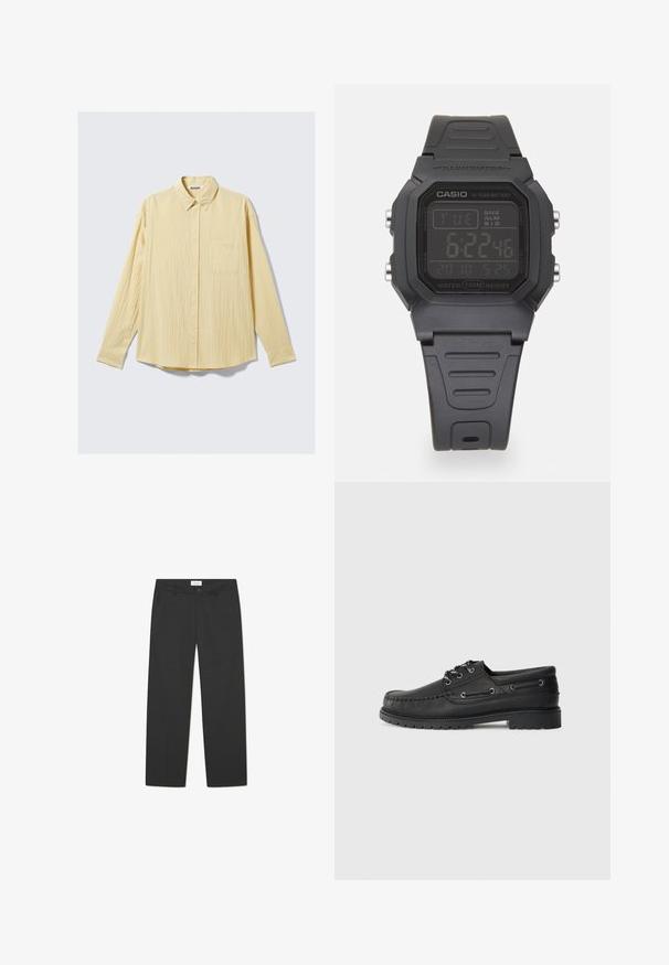 Dlhý rukáv, zapínanie na gombíky, košeľa v jemne žltej farbe so štruktúrovaným povrchom, golierom a jedným vreckom na ľavej hrudi.; Čierne nohavice vyrobené z ľahkej textílie. Majú rovný strih s plochým predným dielom, bočnými vreckami a diskrétnym pásom.; Čierne kožené lodičky s hrubou gumovou podrážkou, šnúrkami vpredu a dekoračnými postrannými očkami na jednoliatom svetlosivom pozadí.; Digitálne hodinky s obdĺžnikovým čiernym plastovým púzdrom, LCD displejom zobrazujúcim čas, dátum a budík, a textúrovaným čiernym gumovým remienkom. Vodotesné do hĺbky 100 m.