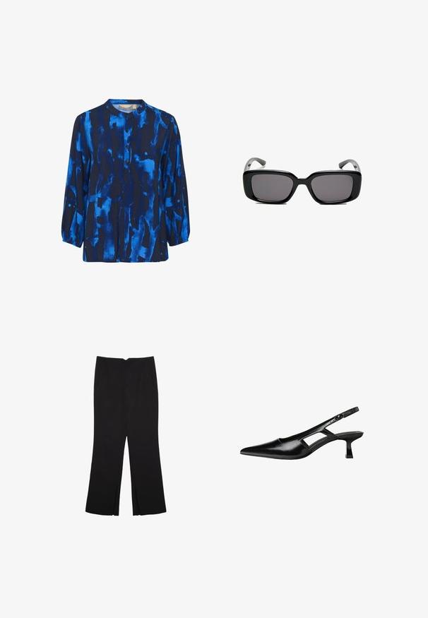 Bluzka z długim rękawem w ciemnoniebieskim kolorze z abstrakcyjnymi jasnoniebieskimi wzorami, okrągłym kołnierzykiem i zapięciem na guziki, wykonana z miękkiego materiału o gładkiej teksturze.; Czarne spodnie o prostym kroju, z przednimi kieszeniami i bocznymi rozcięciami na dole. Wykonane z miękkiego, gładkiego materiału. Odpowiednie na różne okazje.; Czarne lakierowane czółenka na odkrytej pięcie z wąskim noskiem, z wykrojem po bokach i małym kwadratowym obcasem. Gładka faktura z minimalnymi akcentami.; Czarne prostokątne okulary przeciwsłoneczne z ciemnymi soczewkami, gładką plastikową ramką i wygiętymi zausznikami. Projekt jest masywny, o minimalistycznej estetyce.