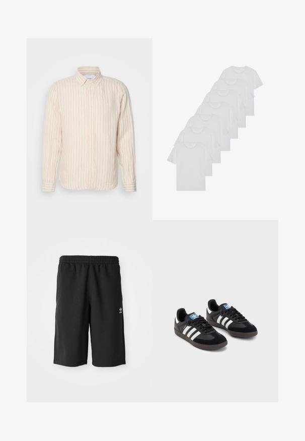 Les Deux KRISTIAN SHIRT - Pluus - ivory/baked papaya; Valge puuvillane T-särk, lühikeste varrukatega, ümar neel, ühtlane tekstuur, reastatud kuhjale, kaeluses peene brändinguga.; Mustad puuvillased lühikesed püksid, millel on elastne vöökoht, külgõmblused ja väike valge logo vasakul jalge peal. Sile tekstuur, põlve pikkusega disain.; Mustad tossud, mille pealseks on seemisnahk ja sünteetilised materjalid, kolme valge triibuga, tekstureeritud kummitald ja sinine logo silt keele peal.