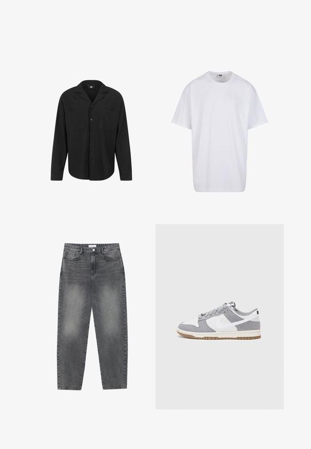 Zwarte lange mouwen shirt met een ingesneden kraag, een knoopsluiting aan de voorkant, twee borstzakken en verticale ribbelstructuur.; Witte katoenen t-shirt met korte mouwen, ronde hals, relaxte pasvorm en zonder zichtbare logo's of patronen. Gladde textuur en minimalistisch ontwerp.; Hoge taille, losvallende jeans van vervaagd zwart denim. Beschikt over vijf zakken, riemlussen en een schone, rechte broekspijp ontwerp.; Grijze en witte sneaker met een bovenwerk van suede en leer, ronde neus, platte veters en een rubberen zool met een gumaccent.