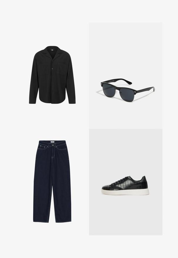 Juoda ilgomis rankovėmis marškiniai su įpjovimu prie apykaklės, priekiniu mygtukų uždarymu, dviem krūtinės kišenėmis ir vertikaliu raukšlėtu tekstūru.; Tamsiai mėlynos džinsinės plačios kelnės su kontrastinėmis siūlėmis, priekinėmis kišenėmis ir mygtuko uždarymu. Tvarkingas, tiesus kirpimas be jokio puošybos.; Juodi sportiniai batai su tekstūruotu krokodilo odos pamušalu, apvalia kojų dalimi ir kontrastinga balta guma su lygiu paviršiumi.; Juodos saulės akinių su stačiakampiu rėmeliu, tamsiais lęšiais, sidabrinėmis detalėmis šventrajose ir matinio paviršiaus rėmeliu.