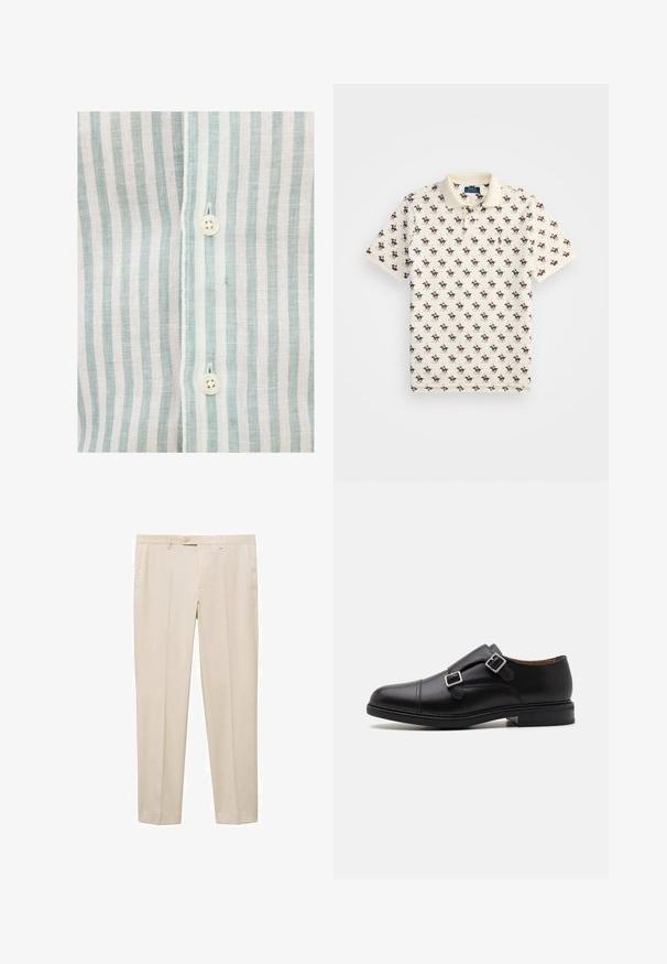 Striped shirt featuring light blue and white vertical stripes, made of a lightweight fabric, with a visible white button and stitched detailing.; Polo shirt in beige cotton, featuring a repeated pattern of small, colorful horse riders. Classic collar and short sleeves.; Beige tailored trousers with a straight cut, featuring a single button waist closure, two side pockets, and flat front design.; Black leather dress shoe with double buckle closure, rounded toe, subtle stitching, and a flat, textured rubber sole.