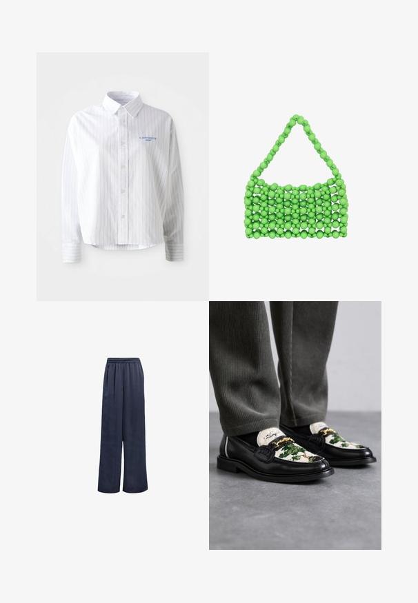 Hvid skjorte med lyseblå lodrette striber, en spids krave og et lille blåt logo på venstre bryst. Forarbejdet i bomuldsstof, afslappet pasform.; Marineblå brede bukser lavet af glat stof med elastisk talje og ingen synlige metaldele. Har en afslappet pasform og fuldlængde design.; Sorte læder loafers med en dekorativ overdel i grøn og hvid tekstil. Udstyret med en guld kæde accent og en struktureret sort sål.; Grønt perlehandtaske lavet af blødt materiale, med et gitterlignende design af runde perler, et trekantet håndtag og en tekstureret overflade.