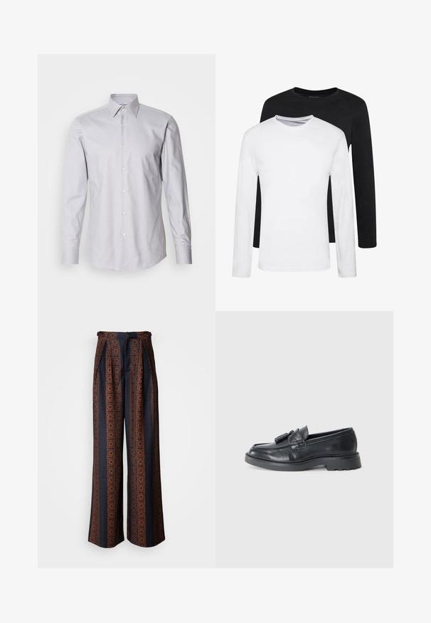 Šviesiai pilkas ilgomis rankovėmis marškinis su mygtukų apykakle, pagamintas iš audinio, turintis klasikinį siluetą ir baltus mygtukus priekyje.; Du švarkai su ilgomis rankovėmis, vienas juodas ir vienas baltas, pagaminti iš medvilnės, su apvaliais iškirpimais ir lygiu paviršiumi, išdėstyti sluoksniuotai.; Plati kelnės tamsiai mėlynos spalvos audinyje su sudėtingu oranžiniu geometriniu raštu, su surinktu priekiu ir prigludusia juosmens linija.; Juodi odiniai loafersai su apvaliu nose, juostele su kutais ir storesniu padu su raštu. Lygus paviršius ir klasikinis dizainas.