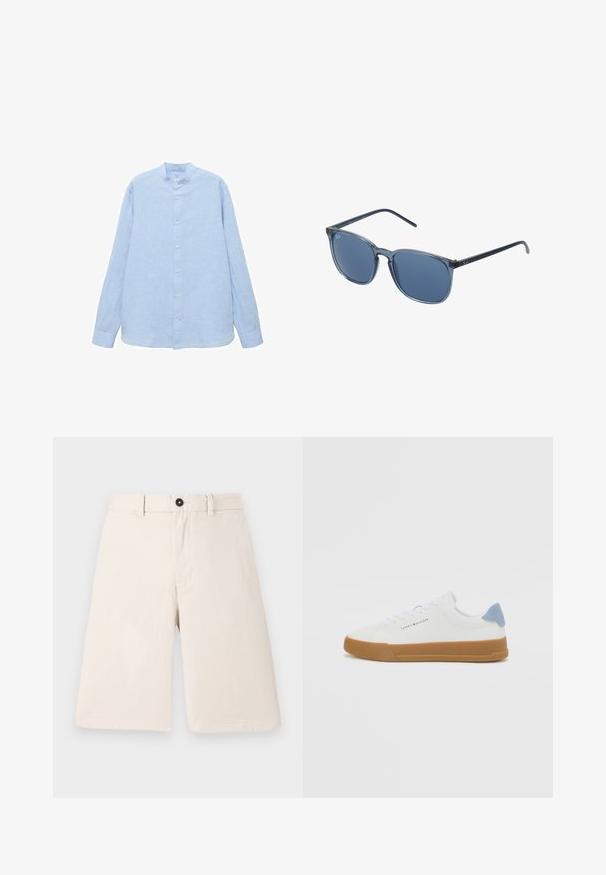 Mango MAO COLLAR - Srajca - light blue; Beige bombažne kratke hlače s ravnim krojem, ki imajo zavihek za gumb in pasne zanke. Gladko teksturo brez vzorcev ali dodatkov.; Bele teniske z teksturiranim dizajnom, svetlo modrim petnim poudarkom in rjavim gumijastim podplatom. Imajo logo ob strani in klasično vezanje.; Modre pravokotne sončne očala z sivo pobarvanimi lečami, plastičnim okvirjem, kovinskimi detajli in matirano obdelavo na ročajih.