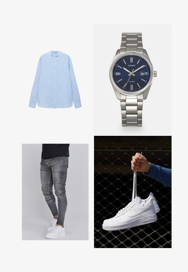 Mango MAO COLLAR - Camicia - light blue; Jeans skinny in denim grigio sbiadito, con dettagli strappati sulle ginocchia, abbinati a sneakers bianche. Texture liscia, design slim fit.; Sneakers in pelle bianca con perforazioni, punta rotonda, suola piatta e lacci spessi, con logo swoosh visibile e "AIR" sul tallone.; Orologio da polso in acciaio inossidabile argento con quadrante blu navy, indici metallici e finestra della data alle 3. Resistente all'acqua fino a 50 metri.