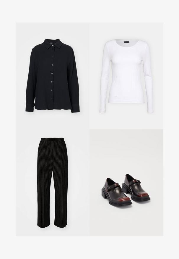 Gina Tricot Blusa com botões - black; Top branco canelado de mangas longas com um decote redondo. Feito de um tecido elástico que se ajusta ao corpo. Apresenta linhas horizontais sutis.; Calças largas e pretas com riscas verticais brancas, apresentando uma cintura elástica para conforto e uma textura suave e macia.; Sapatos de tacão bloco em couro com acabamento brilhante em bordeaux escuro, apresentando uma tira com fivela e design de bico arredondado. Sola texturizada para melhor aderência.