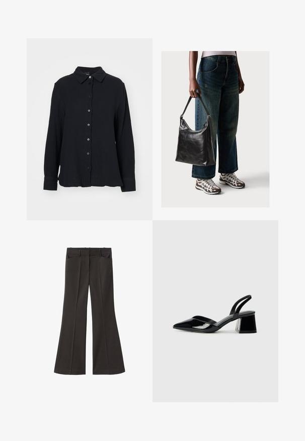 Gina Tricot Button-down blouse - black; Black flared trousers with a high waist; features two front pockets and a smooth fabric texture. Suitable for various occasions.; Black patent leather slingback heels with a pointed toe and a geometric block heel. Features a sleek, minimal design and smooth texture.; Black leather shoulder bag with a smooth texture and adjustable strap, paired with faded wide-leg jeans and athletic sneakers.