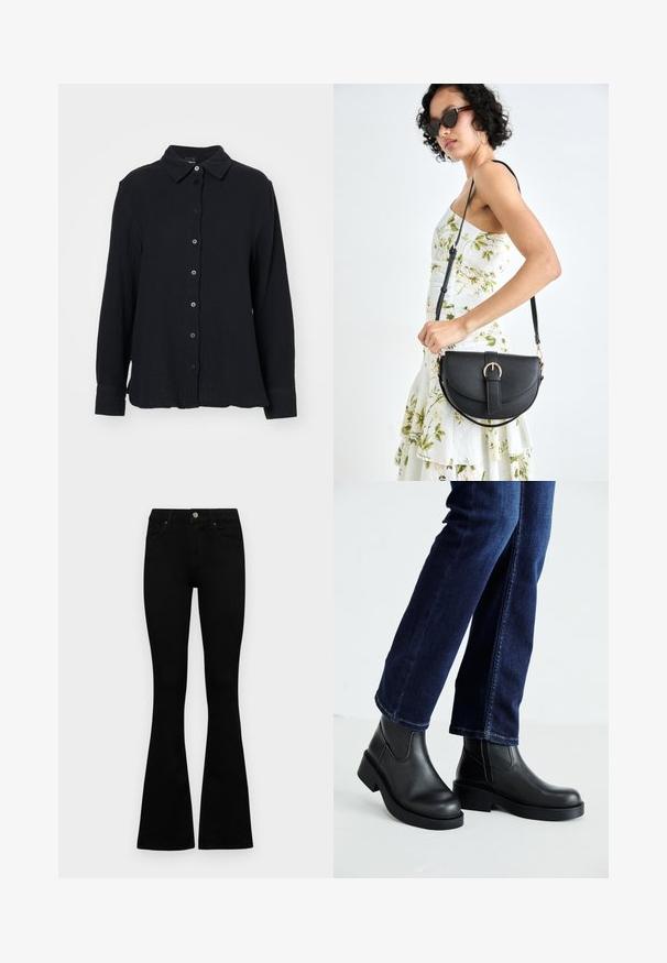 Gina Tricot Button-down blouse - black; Black high-waist jeans with a button and zip closure, front pockets, and flared legs laid flat on a white background.; Black leather ankle boots with a chunky sole and side elastic panels, paired with dark blue jeans. The ground is light-colored.; Black leather handbag with a curved shape, detachable strap, and gold hardware. The bag features a flap with a buckle detail.