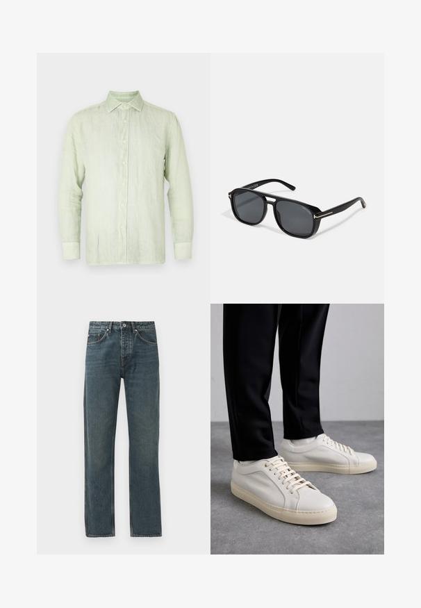 Jasnozielona lniana koszula z długimi rękawami, zapinana na guziki, z wyciętym kołnierzykiem. Posiada kremowe guziki i luźny krój. Gładka tekstura.; Granatowe jeansy z prostymi nogawki, z pięcioma kieszeniami, z zapięciem na guzik i kontrastującymi detalami przeszycia.; Jasnobeżowe skórzane sneakersy z płaskimi sznurowadłami, teksturowaną powierzchnią i kontrastującą kremową gumową podeszwą, zestawione z czarnymi zwężającymi się spodniami.; Czarne okulary przeciwsłoneczne w kształcie kwadratu z szarymi soczewkami, z eleganckimi złotymi akcentami na zausznikach i matowym wykończeniem oprawek, tworzącymi nowoczesny wygląd.