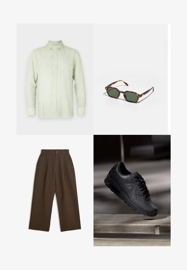 Ljusgrön linsskjorta med långa ärmar, knappframsida och spetsig krage. Har krämfärgade knappar och en avspänd passform. Slät textur.; Bruna veckade byxor med en vid bendesign, med knappstängning och sidofickor, tillverkade av textil med struktur som passar för avslappnad användning.; Svarta Nike Air Max sneakers med övre del av texturerat läder, gummisula och framträdande snörsystem, som visar en strömlinjeformad och modern design.; Sköldpaddsbeslag av solglasögon med gröna linser, vinklade i en oktagonal form och med smala, böjda skalmar. Materialet har en glansig yta.