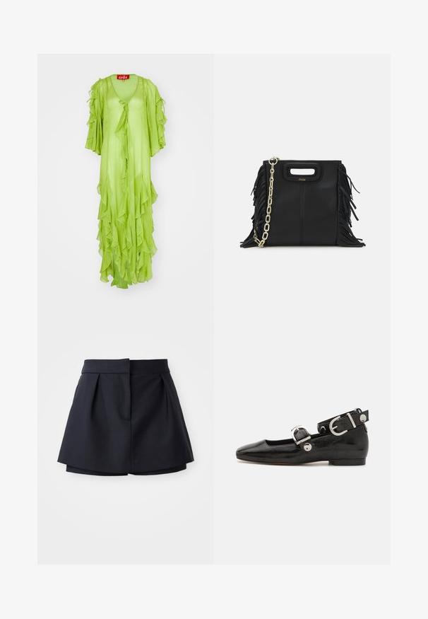 Vestido largo verde lima con detalles fruncidos, escote en V y mangas amplias, que cuenta con un cierre de lazo en la parte delantera. Tejido ligero y fluido.; Pantalones cortos de marina con pliegues y cintura alta, fabricados con tejido suave. Presentan un diseño ajustado y un bolsillo delantero oculto.; Zapato plano de charol negro con punta cuadrada, correa de tobillo con herrajes de plata y suela plana. Textura suave con diseño minimalista.; Bolso de mano de cuero negro con detalles de flecos, correa de cadena dorada para el hombro y un asa con corte. Presenta una colocación del logotipo en la parte frontal.; Pendientes en tono dorado con múltiples cadenas en cascada, que cuentan con acentos de strass ovalados claros y parte superior decorativa de tachuelas.