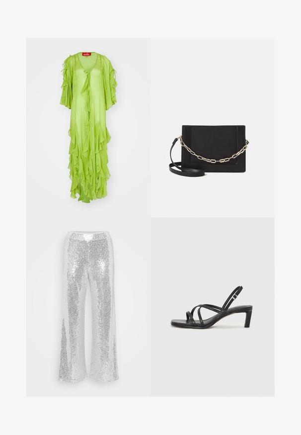 Hellgrünes, langes Kleid mit Rüschendetails, V-Ausschnitt und weiten Ärmeln, das eine Bindeschnur vorne hat. Aus leichtem, fließendem Stoff.; Silberne Pailletten-Hose mit weitem Bein und hohem Bund. Der Stoff glitzert und reflektiert Licht und zeichnet sich durch eine glatte, glänzende Textur aus.; Schwarze Sandale mit Riemchen, quadratischer Zehenform und niedrigem Blockabsatz. Verfügt über mehrere dünne Riemen und einen verstellbaren Knöchelriemen. Hergestellt aus glattem Leder.; Schwarze Leder-Crossbody-Tasche mit glatter Textur, rechteckiger Form und metallic-kettendetail auf der Vorderseite. Verstellbarer Gurt inklusive.
