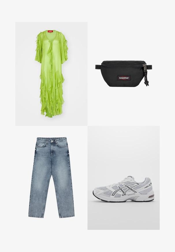 Limegroene lange jurk met ruches, V-hals en wijde mouwen, met een striksluiting aan de voorkant. Lichtgewicht, vloeiende stof.; Lichtblauwe denim jeans met een rechte pijp, zichtbare stiksels, vijf zakken en een knoopsluiting in de taille.; Witte mesh sport schoenen met grijze accenten, gestructureerd ontwerp, vetersysteem, gevoerde kraag en rubberen buitenzool voor grip.; Zwarte heuptas gemaakt van duurzaam materiaal, met een ritsluiting, verstelbare schouderband en een rood-zwart logo-opdruk aan de voorkant.