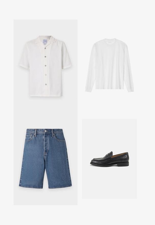 Hvid kortærmet skjorte med struktureret stof, klapkrave og seks frontknapper. Har et rent, enkelt design.; Langærmet hvid bomuldstrøje med rund hals og ribbede manchetter. Enkel, umasket design med en glat tekstur og standard pasform.; Denimshorts i lyseblå med en falmet tekstur, fem-lomme design og en knaplukning ved taljen.; Sorte læder loafers med en glat finish, rund tå og dekorativ syning på vampen. Lav stablet hæl og let glans.
