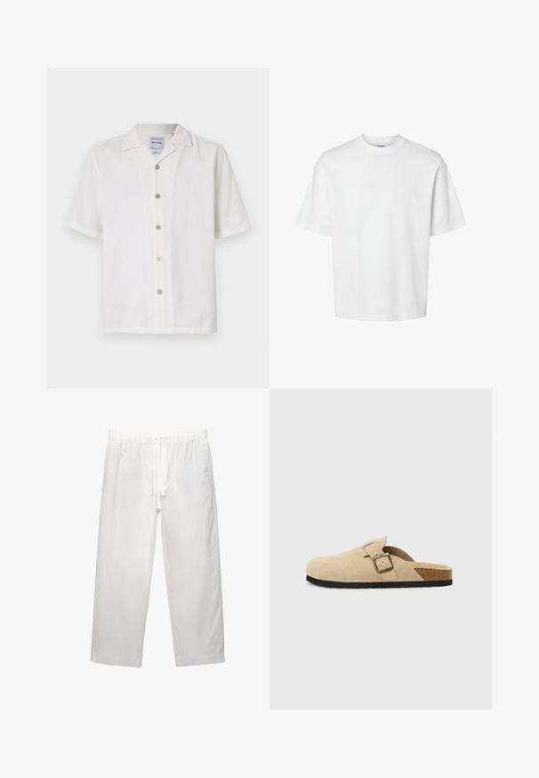 Hvid kortærmet skjorte med struktureret stof, klapkrave og seks frontknapper. Har et rent, enkelt design.; Hvid bomulds T-shirt med korte ærmer, rund halsudskæring og en afslappet pasform. Glat tekstur uden synlige mønstre eller detaljer.; Hvide linnedbukser med elastisk talje med snøre, bred ben-design og rene sømme. Glat tekstur med afslappet pasform.; Beige ruskinds-sandaler med korkfodseng, rund tå og en enkel rem med en guldfarvet spænde. Gummisål for godt greb.