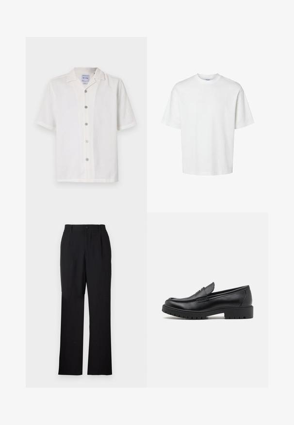 Weißes Kurzarmhemd aus strukturiertem Stoff, mit eingekerbtem Kragen und sechs Frontknöpfen. Hat ein klares, einfaches Design.; Weißes Baumwoll-T-Shirt mit kurzen Ärmeln, Rundhalsausschnitt und lässigem Schnitt. Glatte Textur ohne sichtbare Muster oder Akzente.; Only & Sons ONSJEREMY LOOSE PANT - Stoffhose - black; Schwarze Lederloafers mit runder Zehenform, eleganter Schlupfdesign und dicker Gummisohle mit strukturiertem Griff. Erhöhter Absatz und dezente Nähdetails.