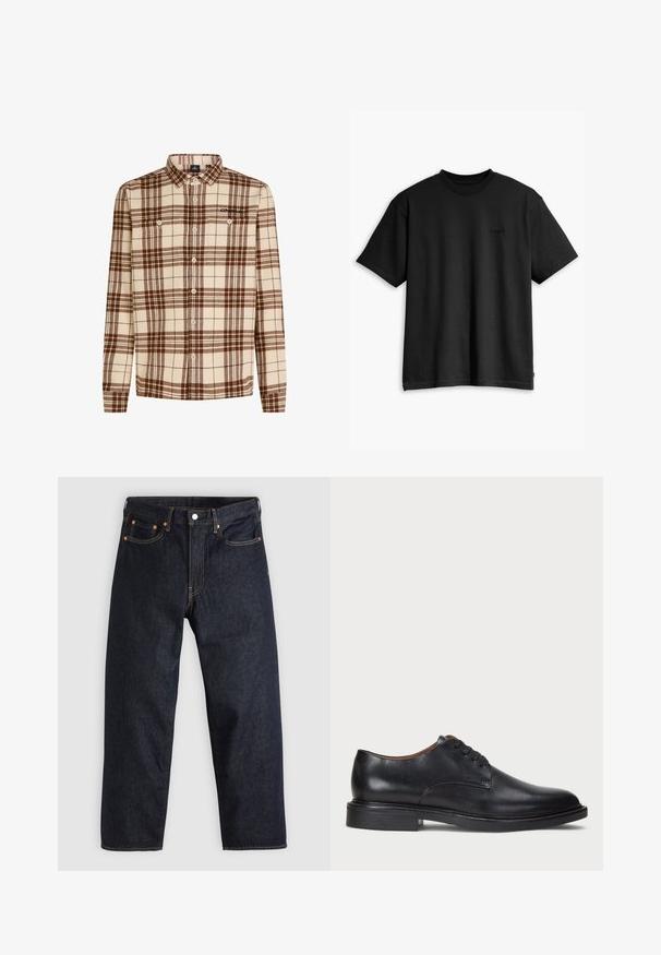 Chemise à carreaux en tissu doux, dans des tons beiges et bruns, avec des manches longues, un devant à boutons et deux poches poitrine.; T-shirt en coton noir avec col rond et manches courtes. Doté d'un logo discret à l'avant et d'un ourlet droit. Design simple et minimaliste.; Jean en denim bleu foncé avec une coupe droite, cinq poches, des coutures orange contrastantes et une fermeture à boutons. Pas de motifs ou d'ornements visibles.; Chaussure de ville en cuir noir avec un bout rond, un laçage et un petit talon empilé. Texture lisse avec des détails de couture minimaux.